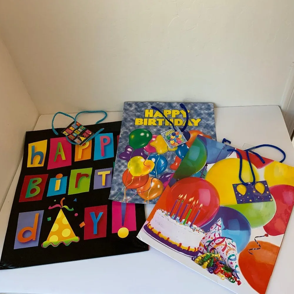 Gift Bags Set of 3 Happy Birthday Balloons Cake 3 PC Assorted Sizes